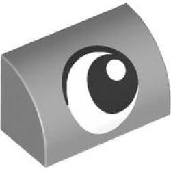 Slope, Curved 1 x 2 with Bottom Stud Holder with Black and White Eye Looking Left Pattern - Light Bluish Gray Slope, Curved 1 x 2 with Bottom Stud Holder with Black and White Eye Looking Left Pattern - Light Bluish Gray