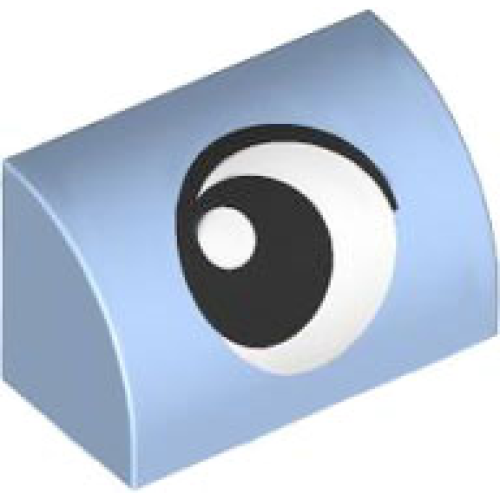 Деталь LEGO 37352pb034 Slope, Curved 1 x 2 with Bottom Stud Holder with Black and White Eye Looking Right Pattern - Bright Light Blue