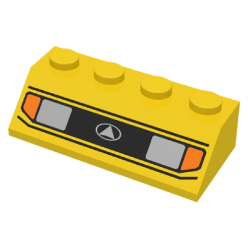 Деталь LEGO 3037px1U Slope 45 2 x 4 with Silver Car Headlights, Orange Signal Lights, Black Grille with White Triangle in Oval Logo Pattern - Yellow