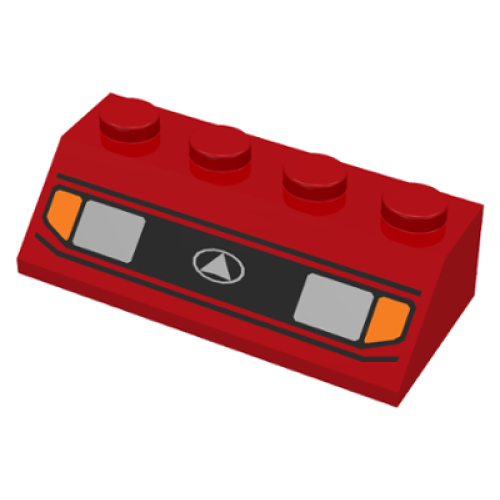 Деталь LEGO 3037px1U Slope 45 2 x 4 with Silver Car Headlights, Orange Signal Lights, Black Grille with White Triangle in Oval Logo Pattern - Red