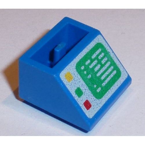 Деталь LEGO 3660p01 Slope, Inverted 45 2 x 2 with Flat Bottom Pin with Green Computer Screen on White Background, Red, Green, and Yellow Buttons on Right Side Pattern - Blue