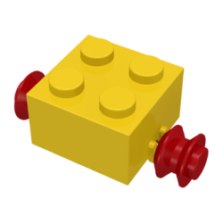 Brick, Modified 2 x 2 with Red Wheels for Single Tire - Yellow Brick, Modified 2 x 2 with Red Wheels for Single Tire - Yellow
