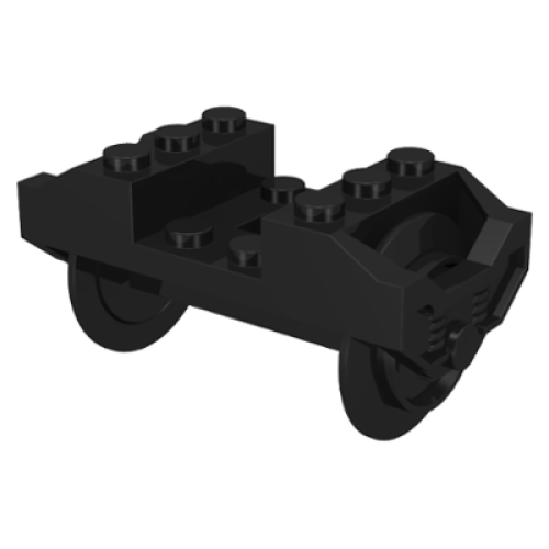 Деталь LEGO 2878c01 Train Wheel RC, Holder with Black Train Wheel Pair on Chrome Silver Metal Axle with Slots (2878 / 2879c01) - Black