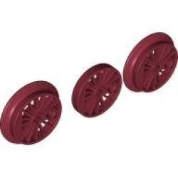 Train Wheel RC, Spoked with Technic Axle Hole and Counterweight, Blind and Flanged Driver, 3 in Bag (Multipack) - Dark Red