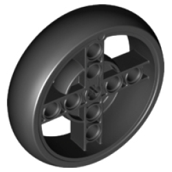 Wheel 56 x 14 Technic with Axle Hole and 8 Pin Holes with Molded Black Hard Rubber Tire Pattern - Black Wheel 56 x 14 Technic with Axle Hole and 8 Pin Holes with Molded Black Hard Rubber Tire Pattern - Black