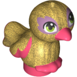 Bird, Friends Style, Feet Joined with Molded Coral Beak, Feathers and Toes and Printed Lime Eyes and Metallic Pink Eye Patches Pattern - Pearl Gold