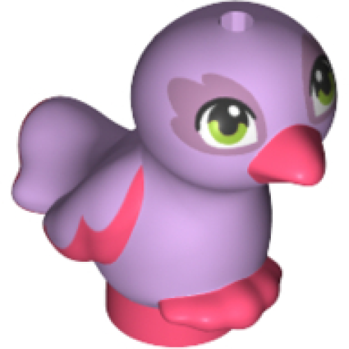 Деталь LEGO 35074pb05 Bird, Friends Style, Feet Joined with Molded Coral Beak, Feathers and Toes and Printed Lime Eyes and Metallic Pink Eye Patches Pattern - Lavender