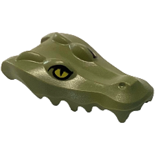 Деталь LEGO 18905pb03 Alligator / Crocodile Head Jaw Upper with Yellow Eyes without White Glints Pattern - Olive Green