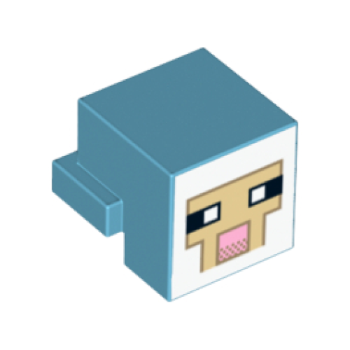 Деталь LEGO 19727pb002 Creature Head Pixelated with Black and White Eyes, Bright Pink Nose, Tan Face with Dark Tan Outline on White Background Pattern (Minecraft Sheep) - Medium Azure
