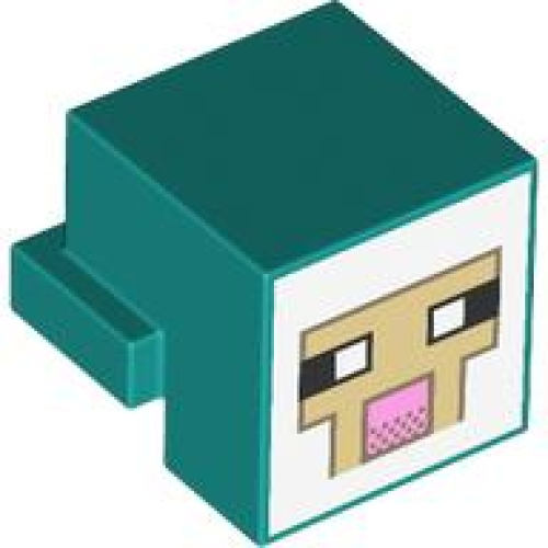 Деталь LEGO 19727pb002 Creature Head Pixelated with Black and White Eyes, Bright Pink Nose, Tan Face with Dark Tan Outline on White Background Pattern (Minecraft Sheep) - Dark Turquoise