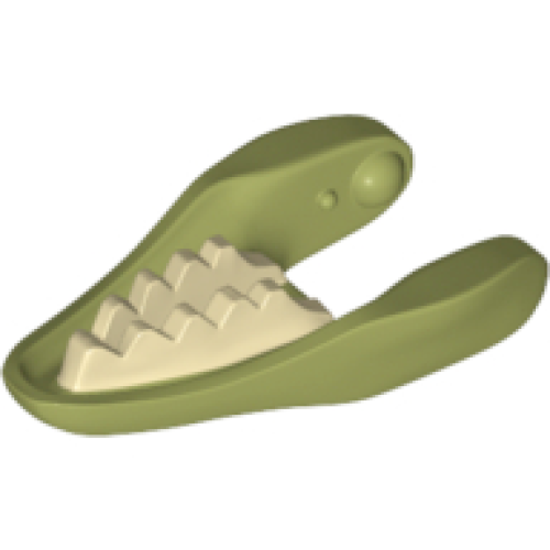 Деталь LEGO 98067pb01 Dinosaur Jaw Lower Raptor with Tan Teeth Pattern - Olive Green