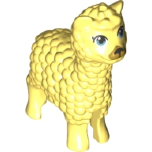 Деталь LEGO 65405pb01 Alpaca / Llama, Friends Style with Metallic Light Blue Eyes with Eyelashes, Dark Silver Nose and Gold Muzzle Pattern - Bright Light Yellow