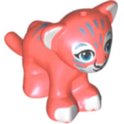 Cat, Friends Style, Large, Baby Cub (Tiger) with Dark Azure Eyes, White Nose, White Paws and Metallic Light Blue Stripes Pattern - Coral