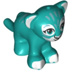 Cat, Friends Style, Large, Baby Cub (Tiger) with Dark Azure Eyes, White Nose, White Paws and Metallic Light Blue Stripes Pattern - Dark Turquoise