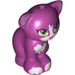 Cat, Friends Style, Sitting with Lime Eyes, Dark Pink Nose and Mouth, White Patches and Paws, Metallic Pink Inner Ears and Tail Tip Pattern - Magenta Cat, Friends Style, Sitting with Lime Eyes, Dark Pink Nose and Mouth, White Patches and Paws, Metallic Pink Inner Ears and Tail Tip Pattern - Magenta