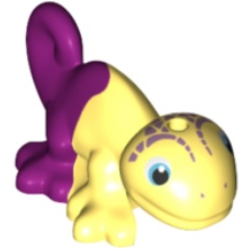 Деталь LEGO 15678pb04 Chameleon, Friends Style with Black, Medium Azure and White Eyes, Metallic Pink Head Markings, and Marbled Magenta Pattern - Bright Light Yellow