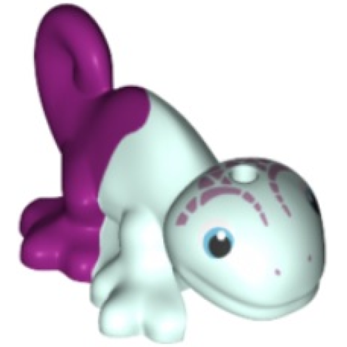 Деталь LEGO 15678pb04 Chameleon, Friends Style with Black, Medium Azure and White Eyes, Metallic Pink Head Markings, and Marbled Magenta Pattern - Light Aqua