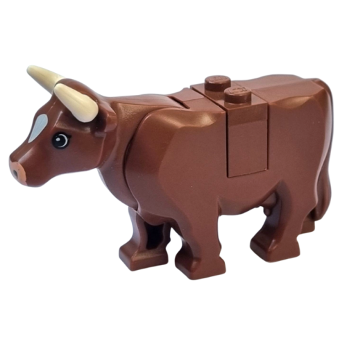 Деталь LEGO 64452pb01c01 Cow with Light Nougat Muzzle and White Spot on Head Pattern with Short Horns (Plate on Top) - Reddish Brown