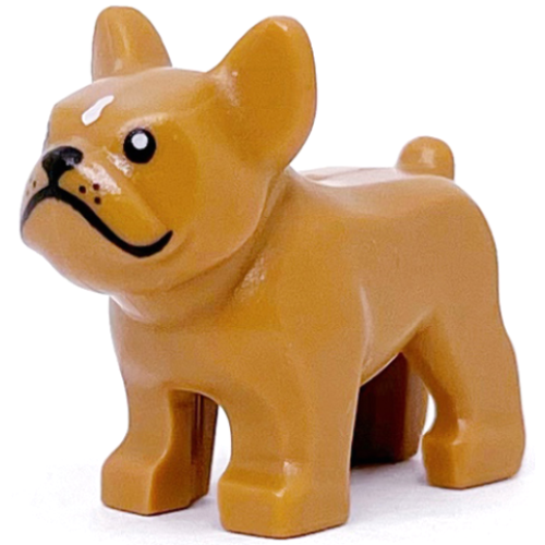 Деталь LEGO 29602pb01 Dog, French Bulldog with Black Eyes, Nose and Whisker Dots, White Spot on Forehead Pattern - Medium Nougat