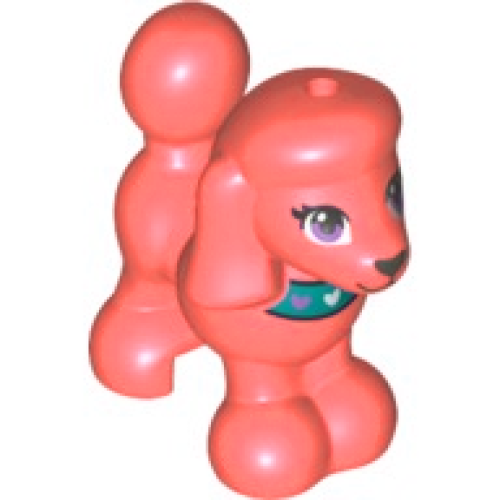 Деталь LEGO 11575pb05 Dog, Friends Style, Poodle with Dark Turquoise Collar with Hearts, Medium Lavender Eyes, and Black Nose and Mouth Pattern - Coral