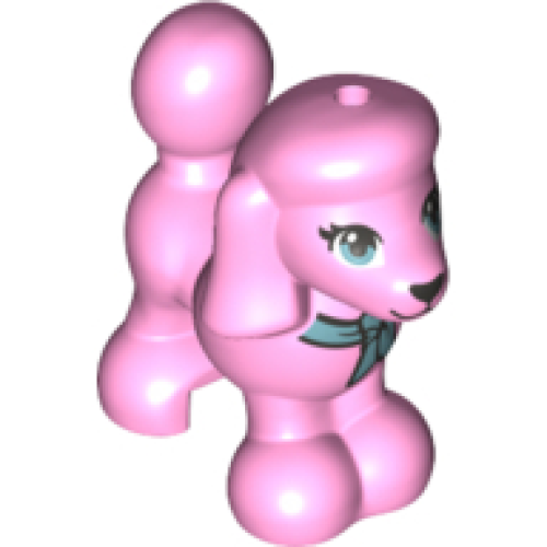 Деталь LEGO 11575pb03 Dog, Friends Style, Poodle with Metallic Light Blue Eyes with Eyelashes, Dark Silver Nose, Bandana with Knot Pattern - Bright Pink