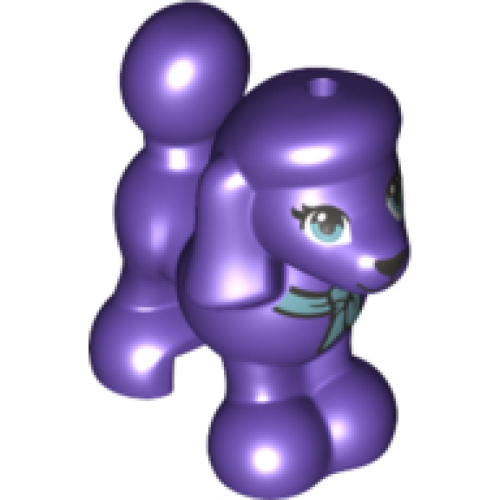 Деталь LEGO 11575pb03 Dog, Friends Style, Poodle with Metallic Light Blue Eyes with Eyelashes, Dark Silver Nose, Bandana with Knot Pattern - Dark Purple