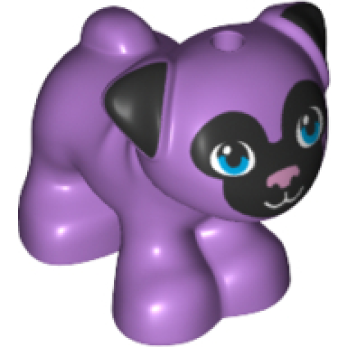 Деталь LEGO 24111pb03 Dog, Friends Style, Pug, Standing with Black Face and Ears, Metallic Pink Nose, Dark Azure Eyes Pattern - Medium Lavender