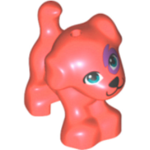 Деталь LEGO 93088pb12 Dog, Friends Style, Puppy, Standing with Dark Azure Eyes, Black Nose and Mouth, Medium Lavender Patch Pattern - Coral