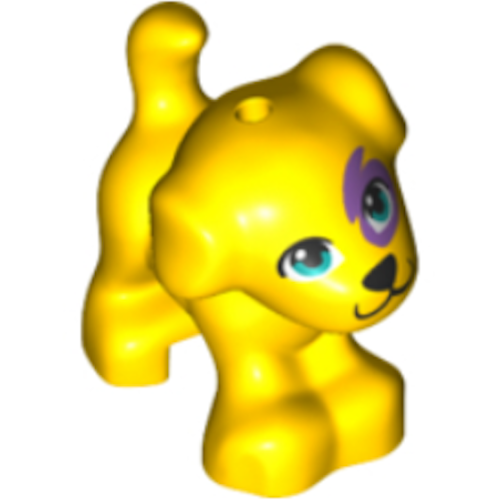 Деталь LEGO 93088pb12 Dog, Friends Style, Puppy, Standing with Dark Azure Eyes, Black Nose and Mouth, Medium Lavender Patch Pattern - Yellow
