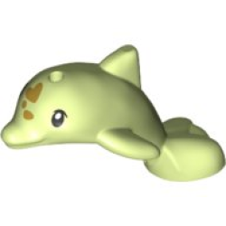 Dolphin, Friends Style, Baby Jumping with Black Eyes, Upper Eyelids, Gold Spots Pattern - Yellowish Green