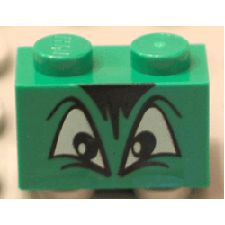 Brick 1 x 2 with Black and White Angry Eyes and Black Hair Pattern - Green