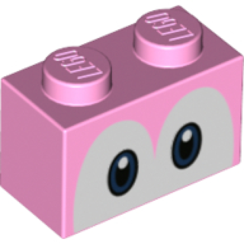 Деталь LEGO 3004pb206 Brick 1 x 2 with Dark Blue and Black Eyes on White Background Pattern (Super Mario Yoshi) - Bright Pink