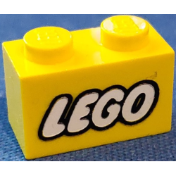 Brick 1 x 2 with LEGO Logo Closed O Style White with Black Outline Pattern - Yellow