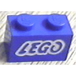 Brick 1 x 2 with LEGO Logo Open O Style White Outline Pattern - Blue