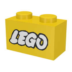 Brick 1 x 2 with LEGO Logo Open O Style White with Black Outline Pattern - Yellow