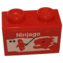 Brick 1 x 2 with LEGO Ninjago Set Box Art, Red Ninja Minifigure Silhouette with Black Sword, Dragon Head Pattern (Sticker) - Sets 40145 / 40305 and Gear 40359 - Red