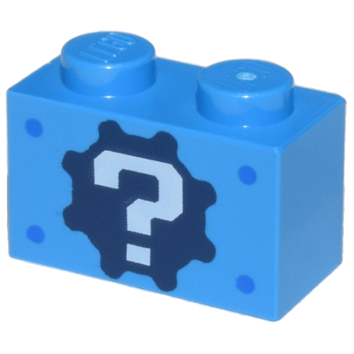 Деталь LEGO 3004pb042 Brick 1 x 2 with White Question Mark on Dark Blue Gear and Blue Dots Pattern - Dark Azure