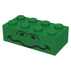 Brick 2 x 4 with Black Nostrils and Wavy Mouth Pattern - Green