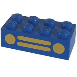 Brick 2 x 4 with Yellow Car Grille and Headlights, 2 Circles and 2 Horizontal Lines Pattern - Blue