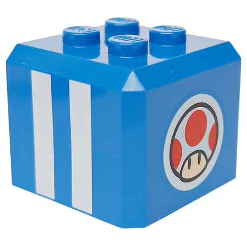 Деталь LEGO 66855pb09 Brick, Modified Cube, 4 Studs on Top with White Stripes and Super Mario Toad Head Logo on Circle Pattern on All Sides (Super Mario Toad / Blue Toad Pit Crew Cap) - Blue