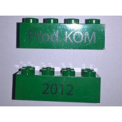Brick 2 x 4 with Black '2012' and 'Prod. KOM' Pattern on Opposite Sides (Kornmarken Factory Tour) - Green Brick 2 x 4 with Black '2012' and 'Prod. KOM' Pattern on Opposite Sides (Kornmarken Factory Tour) - Green