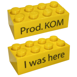 Brick 2 x 4 with Black 'I was here' Front and 'Prod. KOM' Back Kornmarken Factory Tour Pattern - Yellow