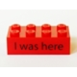 Brick 2 x 4 with Black 'I was here' Front and 'Prod. KOM' Back Kornmarken Factory Tour Pattern - Red