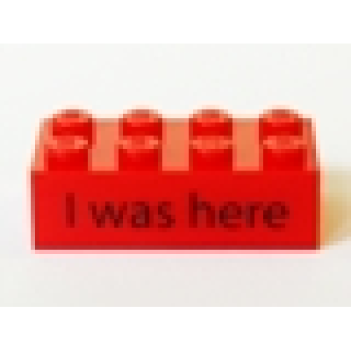 Деталь LEGO 3001pb099 Brick 2 x 4 with Black 'I was here' Front and 'Prod. KOM' Back Kornmarken Factory Tour Pattern - Red