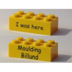 Brick 2 x 4 with Kornmarken Factory Tour Black 'I was here' and 'Moulding Billund' Pattern on Opposite Sides - Yellow