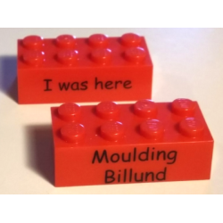 Brick 2 x 4 with Kornmarken Factory Tour Black 'I was here' and 'Moulding Billund' Pattern on Opposite Sides - Red