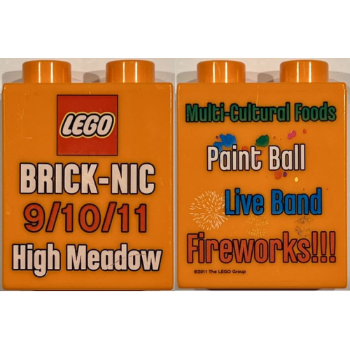 Деталь LEGO 4066pb877 Duplo, Brick 1 x 2 x 2 with Brick-Nic 9/10/11 High Meadow Pattern - Orange