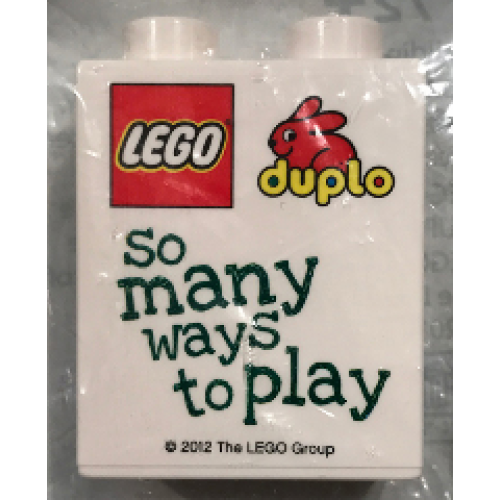 Деталь LEGO 4066pb428 Duplo, Brick 1 x 2 x 2 with LEGO Duplo 'so many ways to play' Pattern - White