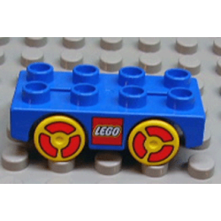 Duplo Car Base 2 x 4 with Yellow Wheels with LEGO Logo and Red on Wheels Pattern - Blue Duplo Car Base 2 x 4 with Yellow Wheels with LEGO Logo and Red on Wheels Pattern - Blue