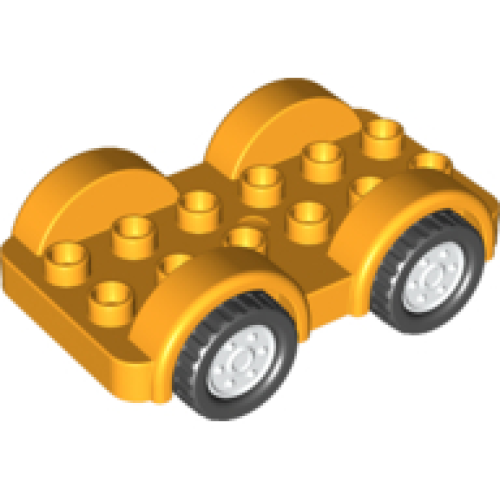 Деталь LEGO 11841c03 Duplo Car Base 2 x 6 with Black Tires and White Wheels on Fixed Axles - Bright Light Orange